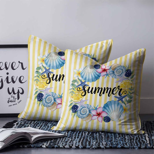 Summer 2PCS Throw Pillow Covers for Couch Sofa Bed, Lemons Starfish Flower Stripes Yellow Pillow Covers 16x16 inch, Standard Pillowcases Set Decorative Cushion Covers for Living Room Bedroom
