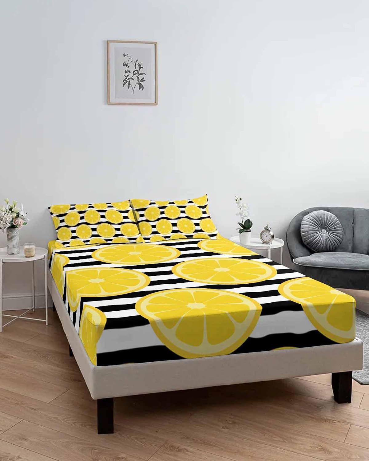 Twin Bed Fitted Sheets Farmhouses Country Yellow Lemon Bed Set with 16" Deep Pocket,Soft Microfiber Bedding Bottom Sheet with Decorative Pillowcases Black White Stripes