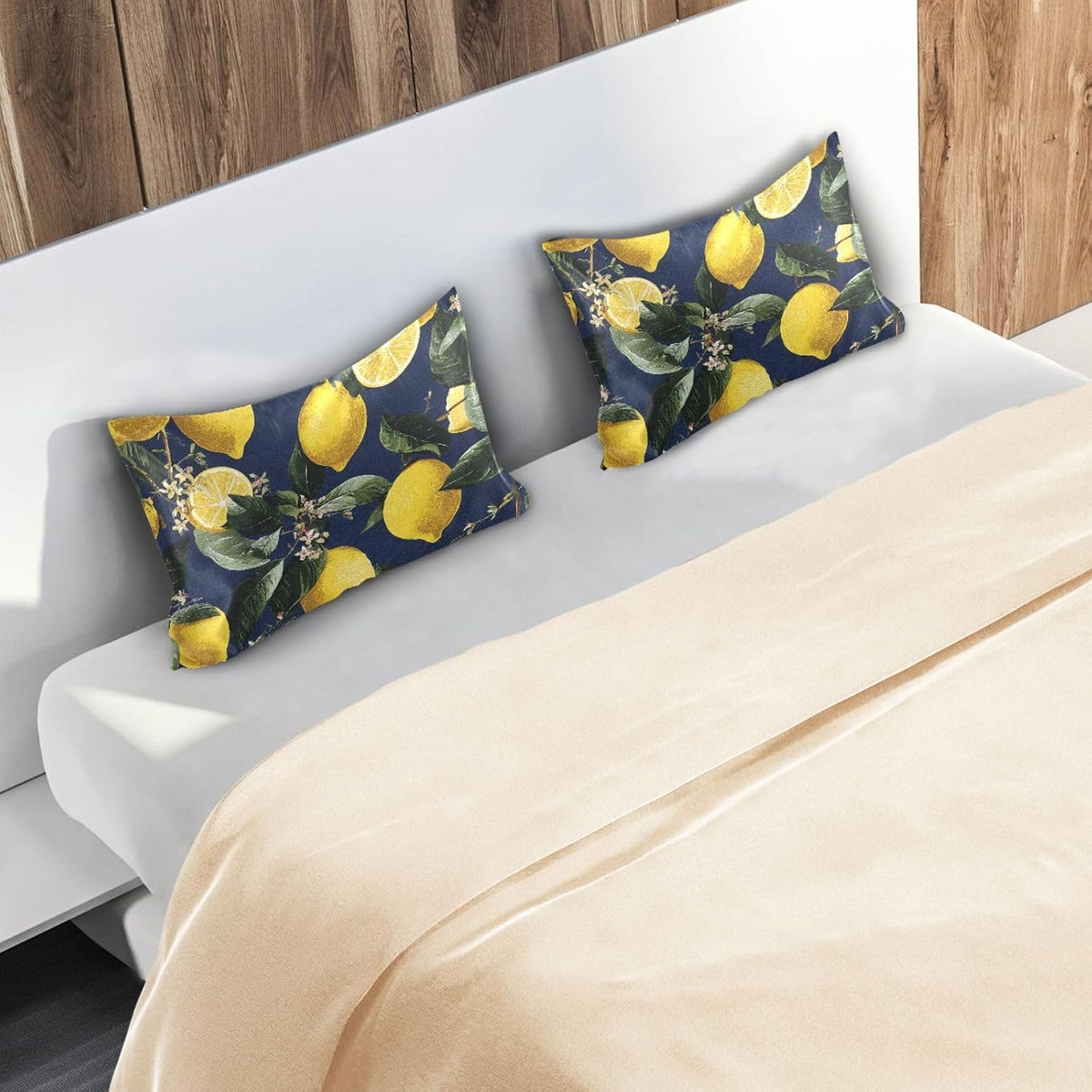 Satin Pillowcase for Hair Skin, Yellow Lemons and Blossoms Smooth Cooling Pillow Case Wrinkle Free Standard