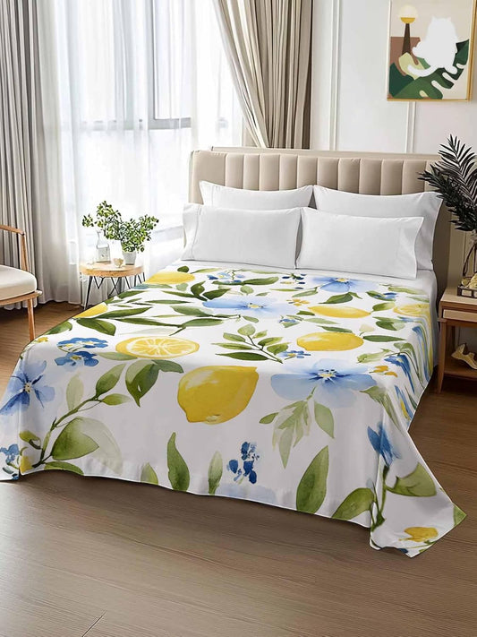 Flat Sheets Queen Size Bedding Sheet,Watercolor Lemon Floral Leaves Soft Microfiber Breathable Top Sheets for Bedroom Hotel Luxury-1 Bed Flat Sheet Only,Yellow Blue White