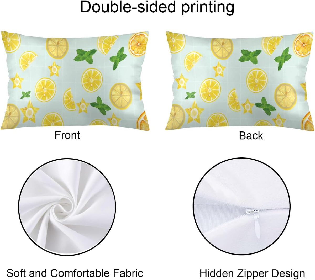 Summer Lemon Pillow Cases Yellow Lemon Slice Green Leaves Pillowcases Summer Decorative Standard Size 20x26 Inch Throw Pillow Covers for Bed Bedroom Sleeping