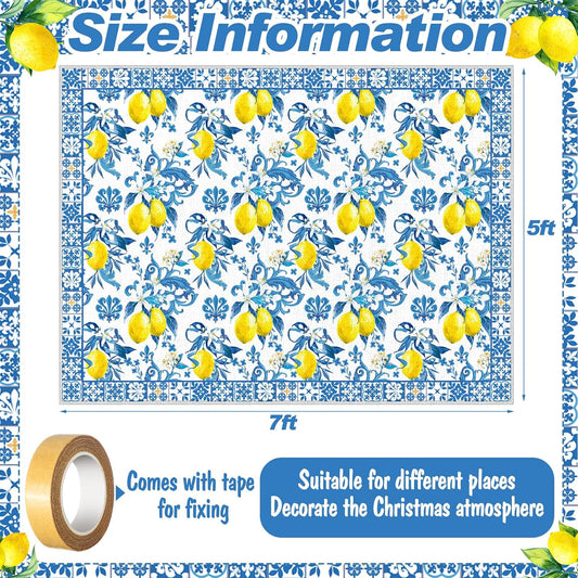 5x7 ft Lemon Area Rug Blue Yellow Mediterranean Italian Style Summer Kitchen Rug Non Slip Washable Textured Carpet for Living Room Bedroom Laundry Room Indoor Home Decor