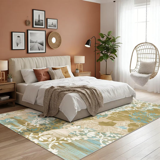 8x10 Area Rugs,Abstract Area Rugs, Modern Washable Non-Slip Rug for Living Room, Bedroom, Dining Room, Soft Low Pile Carpet, Neutral Decor for Home and Office,Abstract Floral - Yellow