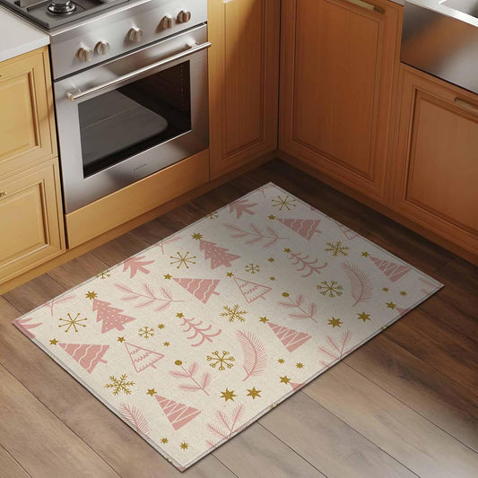 Pink Christmas Tree 2x3 Area Rugs for Living Room, Vintage Yellow Star Snowflakes Winter Non Slip Floor Mat Washable Low-Profile Indoor Carpet for Bedroom, Dining Room, Bathroom