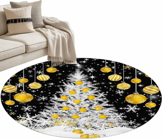 Round Rugs 3.3 Ft, Black Yellow Christmas Non Slip Area Rugs for Kitchen Bedroom Entryway, Xmas Tree Snowflake Winter Washable Carpet Runner Rug Floor Mats for Bedroom Home Decor
