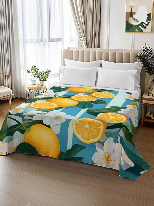Twin Flat Sheet, Yellow Lemon Twin Bed Sheets Only, Soft Microfiber Flat Sheet, Summer Fruit Floral Blue Stripe Watercolor Hotel Quality Bedding Top Sheet Bedroom Home Dorm Decor