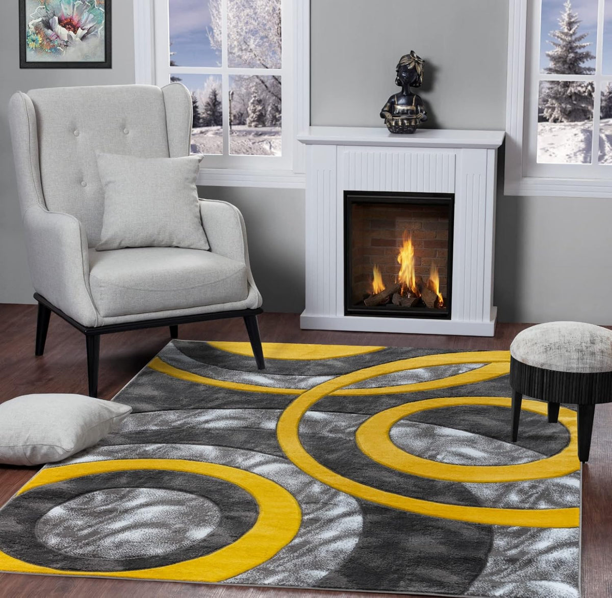 Area Rug Modern 2x3 Yellow Circles Geometry Soft Hand Carved Contemporary Floor Carpet Fluffy Texture for Indoor Living Dining Room and Bedroom Area