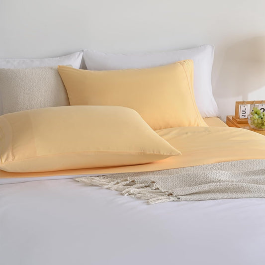 Full Size Bed Sheets Set, Yellow Cooling Hypoallergenic Microfiber Double Bed Sheets, Soft Oeko-Tex Extra Deep Pocket Sheets & Pillowcases Wrinkle Free Bedsheets