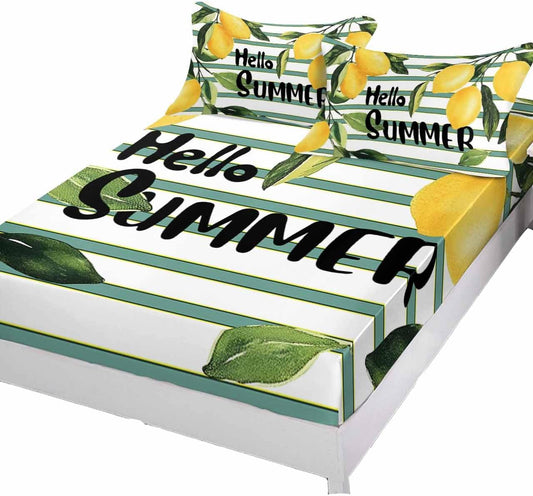 Summer Yellow Lemon Leaf on Striped Twin Bed Fitted Sheets Farmhouse Fruit Theme Bed Set with 16" Deep Pocket for Single Bed,Soft Microfiber Bottom Sheet with Decorative Pillowcases