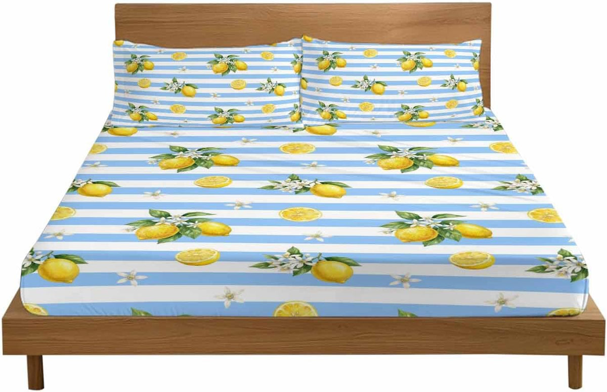 3 Pieces Twin Fitted Sheet Set, Summer Lemon Flower Leaf Deep Pocket Up to 16", Yellow Fruit Blue White Stripe Soft Elastic Bed Sheets and Pillow Cases Secure Fit