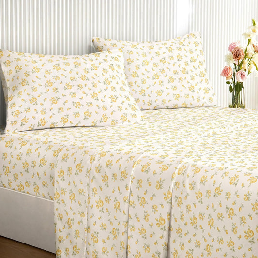 Floral Bed Sheets, 4-Piece Sheet Set, Shabby Chic Flower Rose Pattern Printed Coquette Cottagecore Vintage Aesthetic Bedding, Deep Pocket, Light Yellow, Queen Size