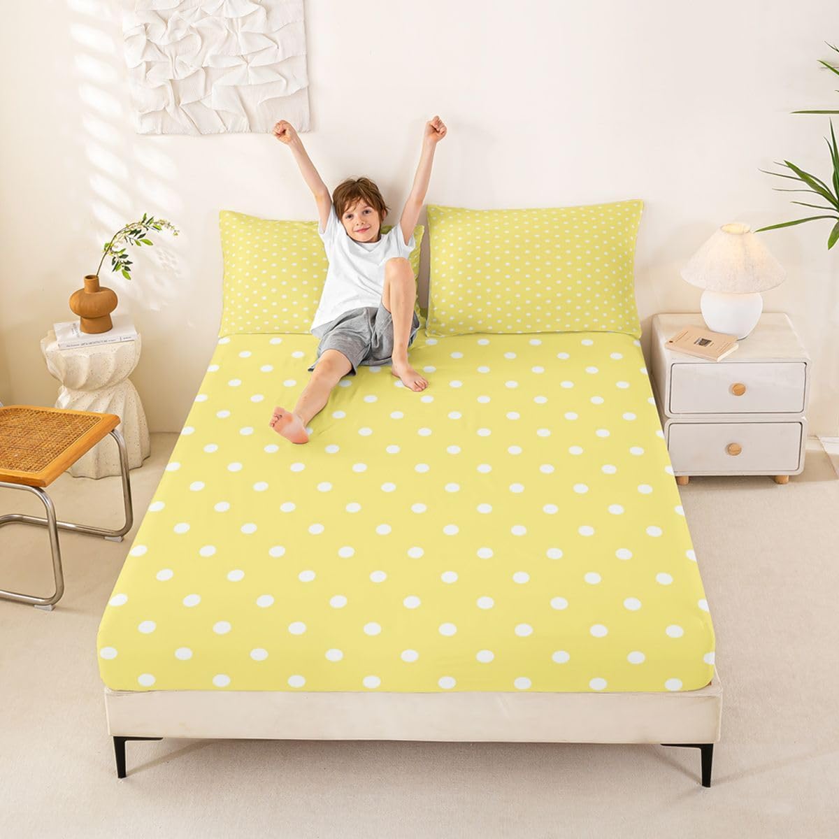 Lemon Yellow Polka Dot Bed Sheet Set Full Size Cute Polka Dot Bedding Sheets Simple Fashion Bedding Fitted Sheet Kawaii Style Bed Cover,1 Fitted Sheet+2 Pillow Sham(No Flat Sheet)