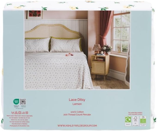 Lace Ditsy Floral Full Sheet Set, 200 Thread Count Cotton Percale, Lemon Yellow and Green