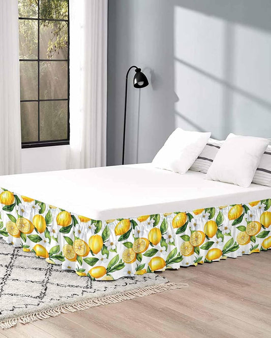 Lemon Flower Bed Skirt Queen Size 16 Inch Drop, Adjustable Elastic Wrap Around Bed Skirts Easy Fitting Dust Ruffle Bedskirt Bed Frame Cover Yellow Fruit White Spring Blooms Botanicals