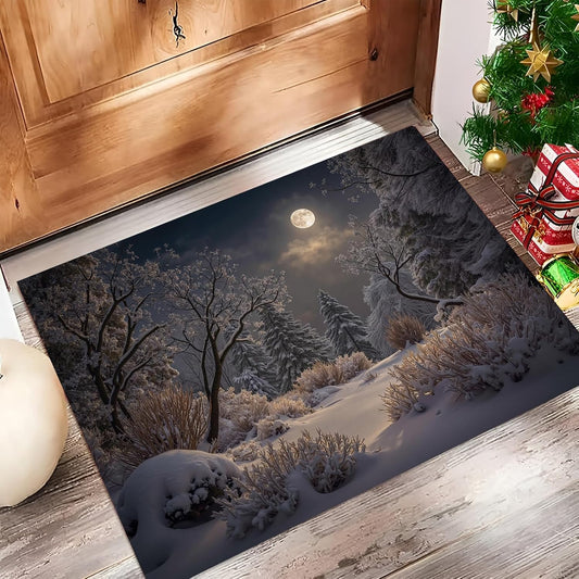 Winter Forest Snow Scene Indoor Door Mat,1'5" X 2'5", Floor Area Rug for Entryway, Living Room, Or Bathroom,Light Yellow Non-Slip Doormat,Moonlight Shining On The Snow Home Decor Rug Gifts