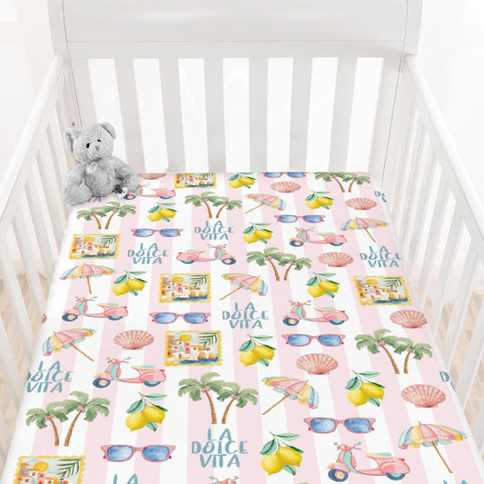 Summer Beach Baby Boys Girls Crib Sheets Coconut Palm Tree Lemon Sunglass Seashells Toddler Bedding Bed Sheets Italian Summer Coastal Fitted Crib Mattress Cover for Standard Crib Mattress 28x52 in