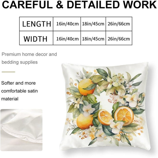 18"x18" Decorative Pillow Covers Watercolor Floral Wreath of Lemons And Flowers in Winter Satin Square Throw Pillow Covers Yellow Sweet Lemon Bed Pillows Decorative Decor for Sofa Couch Zippered