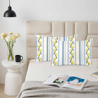 Lemon Striped Standard Pillowcase Set of 2, Yellow Fruit Blue White Satin Pillow Case Cover with Smooth Hidden Zipper Closure, Soft Throw Pillow Covers Cases for Home Decoration 20 X 26 Inches