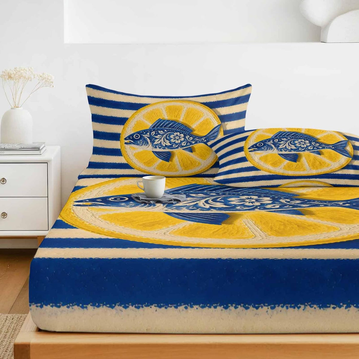 Fitted Sheets Elastic Deep Pocket Bed Sheet Twin XL Blue Fish Yellow Lemon Soft Brushed Microfiber Bed Sheets Set, Blue White Striped Mattress Cover Up Fitted Sheet Pillowcase for Bedroom