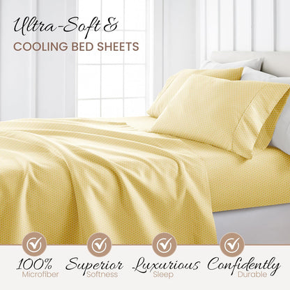 Patterned Microfiber Full Sheet Set 4 Piece – Oeko-TEX Certified Ultra Soft & Wrinkle-Free - 16" Deep Pocket Sheets - Easy Care Full Size - Honeycomb Yellow