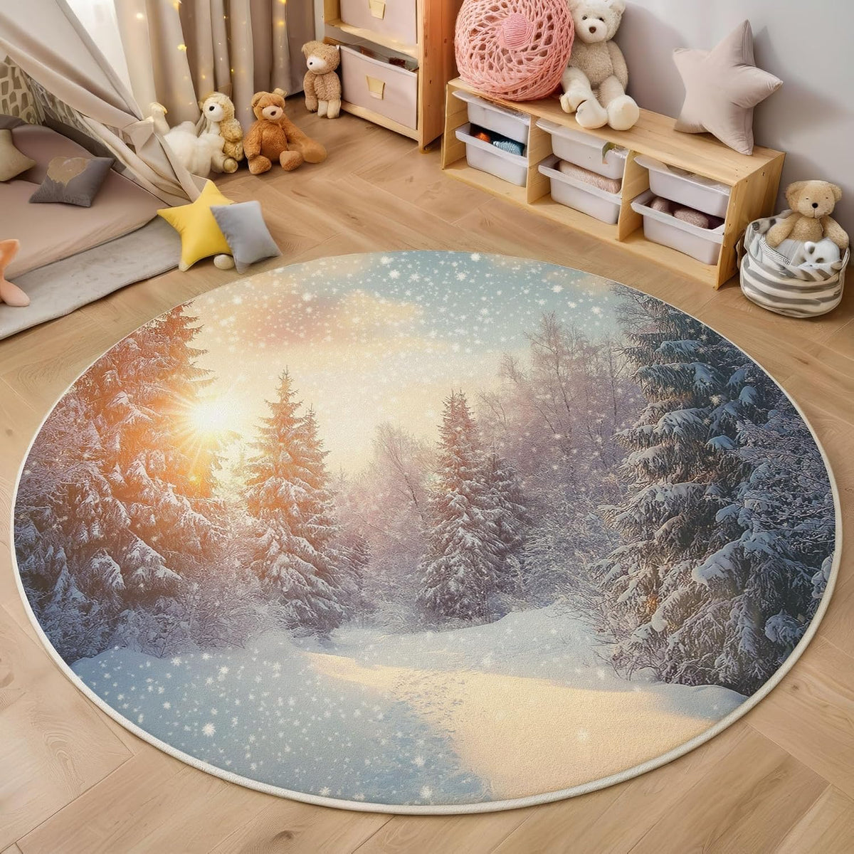 Tree Snowflakes Round Area Rug, Soft Round Rugs 3Ft Ultra-Thin Non-Slip, Winter Scenery Large Circle Carpet for Bedroom Living Room Kitchen Nursery, Yellow