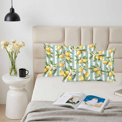 Yellow Lemon Pillow Cases Standard Size Set of 2, Spring Botanical Floral Leaves Aqua Stripes Satin Pillowcase with Zipper for Hair/Skin, Decorative Pillow Covers for Bed/Couch/Sofa, 20x26 Inches