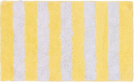 Beach Stripe Yellow Striped Washable Bath Rug – Non-Slip, Quick-Dry, Soft & Absorbent Bathroom Mat, Machine Washable, Coastal Décor (21" x 34")