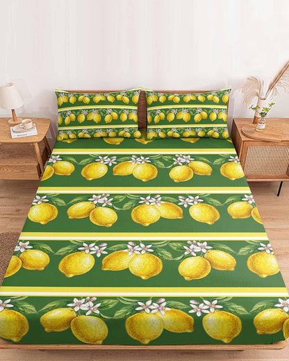 Twin XL Size Fitted Sheet Set - Lemon Summer 2 Piece Bedding Sets 16" Deep Pocket Fitted Sheet with 1 Pillowcases, Watercolor Fruits Green Yellow Stripes Brushed Microfiber Hotel Luxury Bed Sheets