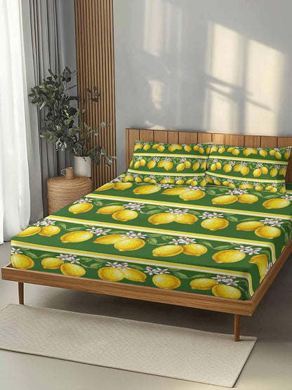 Twin XL Size Fitted Sheet Set - Lemon Summer 2 Piece Bedding Sets 16" Deep Pocket Fitted Sheet with 1 Pillowcases, Watercolor Fruits Green Yellow Stripes Brushed Microfiber Hotel Luxury Bed Sheets