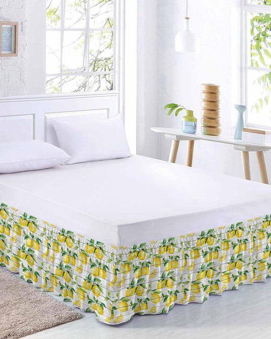 Summer Lemon Bed Skirt Queen Size 18 Inch Drop, Adjustable Elastic Wrap Around Bed Skirts Easy Fitting Dust Ruffle Bedskirt Bed Frame Cover Yellow Fruit Farm Vintage White Wood Grain