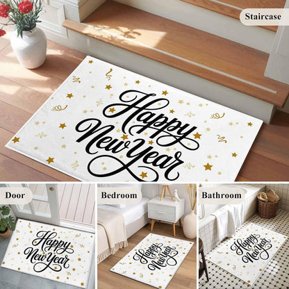 Happy New Years Kitchen Area Rugs 2x3ft, Winter Holiday Yellow Stars Ribbons Bathroom Living Room Rugs Felt Carpet Rubber Backing Non-Slip Rug for Entryway Bedroom Rectangle