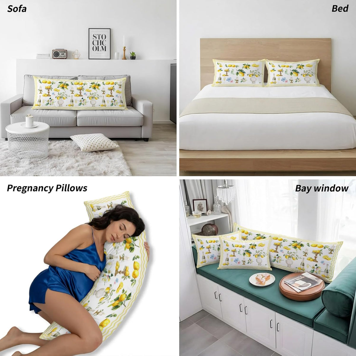 Boho Lemons Pillow Cases Standard Size Set of 2 - Microfiber Bed Throw Pillow Covers, Summer Yellow Fruits Flowers Leaf Stripe Decorative Lumbar Pillow Cover with Envelope Closure for Sofa 20"x26"