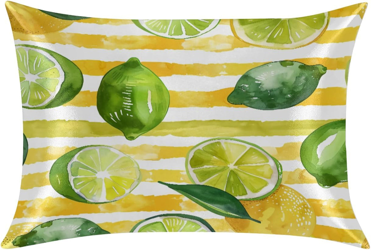 Yellow Striped Lemon Satin Pillowcase for Hair and Skin Pillow Cases Queen Size Soft Cooling Satin Pillow Covers with Zipper for Men Women 20x30 Inches