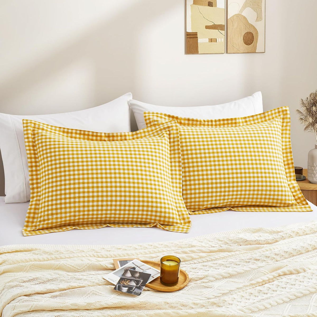 Mustard Yellow Plaid Gingham Pillowcases, 20x26 Inches, Set of 2