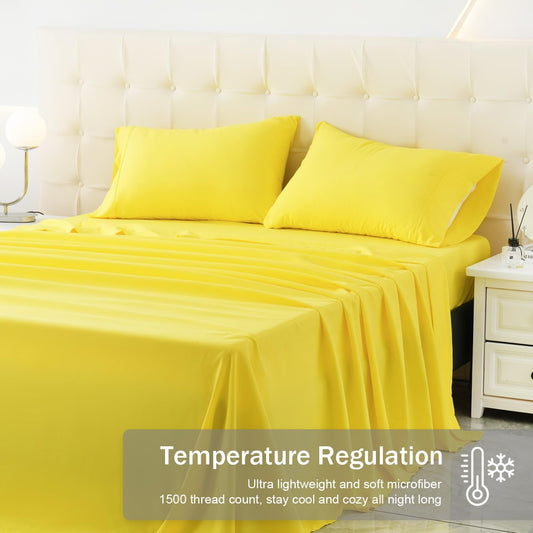 MICORAL Full Bed Sheets Set, Soft Breathable Bedding Sheet Set, Sheets Set with 16" Deep Pocket Design (4 Pieces, Full, Yellow)
