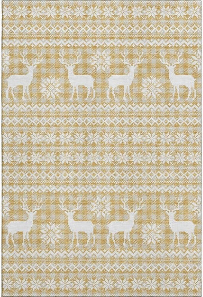 Holiday Festive Theme Soft Plush Thick Pile Christmas Area Rug 9' x 12' | Winter Cheer Xmas Playful Deer Snowflakes Plaid Patterns Gold Yellow White Color | Washable Nonslip Indoor Outdoor Rugs