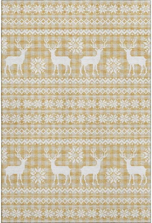 Holiday Festive Theme Soft Plush Thick Pile Christmas Area Rug 9' x 12' | Winter Cheer Xmas Playful Deer Snowflakes Plaid Patterns Gold Yellow White Color | Washable Nonslip Indoor Outdoor Rugs