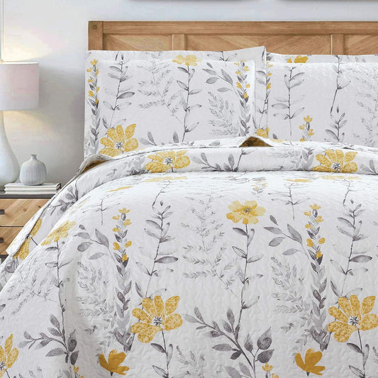 3 Pcs King Size Yellow White Flower Bedding Quilts Lightweight Summer Bedspread Floral Daybed Cover Vintage Plant Garden Coverlet Blanket 106"x96" Quilt with 2 King Pillow Shams