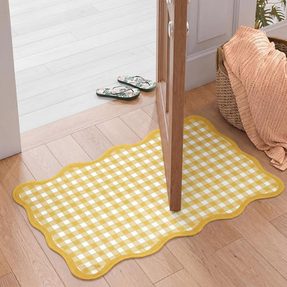 Yellow and White Small Scalloped Plaid Rug 1.4x2.3ft Buffalo Checkered Mat