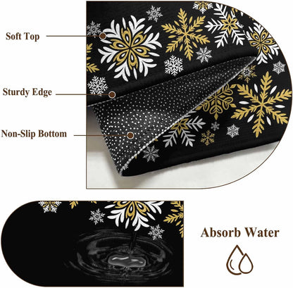 Retro Yellow Snowflake 2x3 Area Rugs for Living Room, Winter Christmas Black Background Non Slip Floor Mat Washable Low-Profile Indoor Carpet for Bedroom, Dining Room, Bathroom