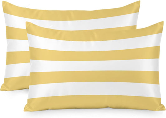 Lemon Yellow Striped Pillow Cases Standard Size Set of 2, Modern Yellow Stripes Farmhouse Satin Pillowcase with Zipper for Hair/Skin, Decorative Pillow Covers for Bed/Couch/Sofa, 20x26 Inches