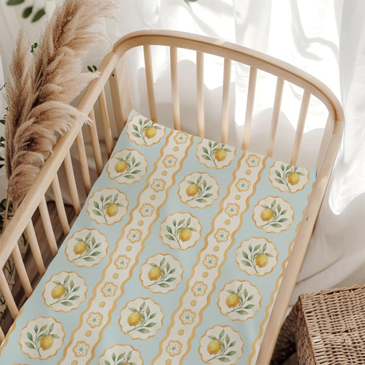 Vintage Lemon Fruit Floral Stripes Baby Crib Sheet for Boys & Girls 28x52 Inch Yellow Lemons Baby Sheet for Standard Crib and Toddler Mattress Summer Frame Bed Sheets