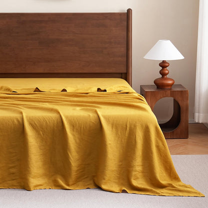 100% Organic Linen Flat Sheet Queen Size Only 1 Piece-Stone Washed French Flax Bed Sheet,Soft Flat Top Sheet Breathable(90"x102",Yellow)