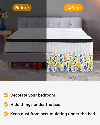 Summer Lemon Bed Skirt Queen Size 16 Inch Drop, Adjustable Elastic Wrap Around Bed Skirts Easy Fitting Dust Ruffle Bedskirt Bed Frame Cover Spring Pastoral Watercolor Fruit Blue Yellow