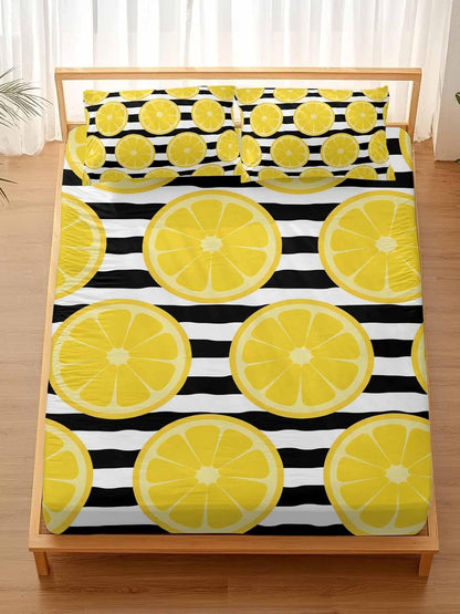 Twin Bed Fitted Sheets Farmhouses Country Yellow Lemon Bed Set with 16" Deep Pocket,Soft Microfiber Bedding Bottom Sheet with Decorative Pillowcases Black White Stripes