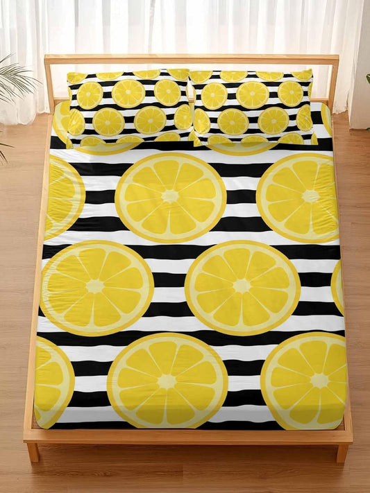 Twin Bed Fitted Sheets Farmhouses Country Yellow Lemon Bed Set with 16" Deep Pocket,Soft Microfiber Bedding Bottom Sheet with Decorative Pillowcases Black White Stripes