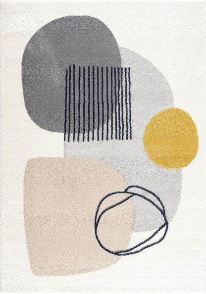 Rugs Cream and Gray 4 ft. X 6 ft. Mid-Century Rug with Circles and Lines. Neutral Tones of Cream, Gray and a pop of Yellow. Minimalistic Design Turkish Stain Resistant Area Rug.