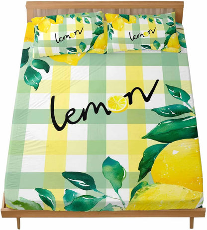 Twin Sze Fitted Sheet Set - Summer Lemon 2 Piece Bedding Sets 16" Deep Pocket Fitted Sheet with 1 Pillowcase, Botanical Fruit Leaves Yellow Green Striped Brushed Microfiber Hotel Luxury Bed Sheets