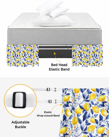 Summer Lemon Bed Skirt Queen Size 16 Inch Drop, Adjustable Elastic Wrap Around Bed Skirts Easy Fitting Dust Ruffle Bedskirt Bed Frame Cover Watercolor Yellow Blue Garden Floral