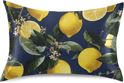 Satin Pillowcase for Hair Skin, Yellow Lemons and Blossoms Smooth Cooling Pillow Case Wrinkle Free Standard